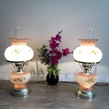 Boudoir Parlor Lamp Pair Gone w/the Wind Hurricane Pink Daisy Brass Electric VTG picture