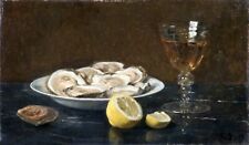 Art Oil painting Otto-Scholderer-Oysters still life Lemon glass handmade picture