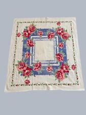 Vintage 1940s Cotton Screenprint tablecloth Blue with Pink & Red Roses 48