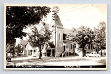 RPPC First Reformed Church with 1950s Cars Waupun Wisconsin WI Postcard picture