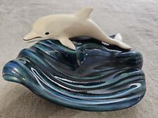 Vintage Holland Mold Ceramic White Blue Dolphin Wave  Trinket Soap Jewelry Dish picture