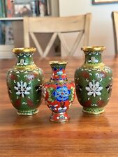3 Vintage Metal or Brass Cloisonne Enamel Vases Flower patterns beautiful set picture