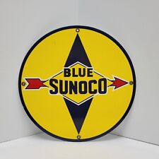 Blue Sunoco Service Gas Station Porcelain Pump Plate Dealer Sign Man Cave Garage picture