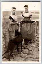 Dutch Women Dog Walcheren Zeeland Netherlands RPPC Photo Vtg Postcard 1910-20s picture