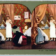 c1900s Woman Prepare Dressing Room Toilet Powder Puff Litho Photo Stereoview V46 picture