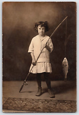 Original Old Vintage Real Picture Girl In Dress Holding A Fishing Pole With Fish picture