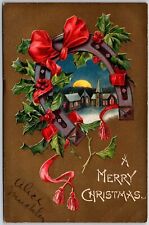 1907 A Merry Christmas Landscape Red Ribbon House Winter Night Posted Postcard picture