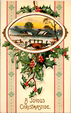 Vintage C. 1909 A Joyous Christmastide Cozy Farm & Snow Covered Bridge Postcard picture