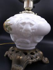 c1940s Milk Glass Lions Heads GWTW Lamp Floral Solid Brass Bottom picture