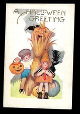 c1910 Whitney Made Halloween Postcard Children Hay Stalk & JOL Embossed picture