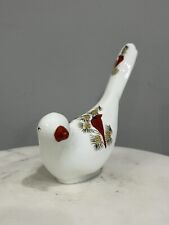 Vintage Signed Fenton White Long Tail Bird Figurine Hand Painted w/ Cardinals picture