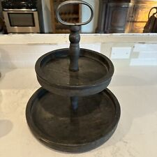 Vintage Two Tiered Serving Stand Solid Wood Tray Iron Handle Farmhouse Primitive picture