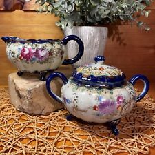 Antique Nippon Moriage Hand Painted Porcelain Footed Sugar Bowl w/ Lid & Creamer picture