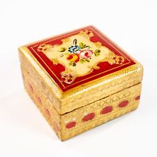 Vtg Florentine Italy Wood Gesso Floral Flowers Roses Box Gold Jewelry Trinket picture