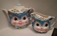 Vintage Blue Cat Miss Priss Kitty Lefton Teapot w/Lid, Creamer Japan 1508 1516?  picture