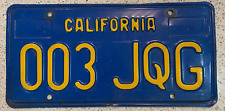 Vintage 1970s/1980s Blue California License Plate #003-JQG Lower Number picture