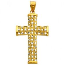 14K Gold Two Tone Cross Crucifix Charm Pendant Religious Flower Diamond Cut picture