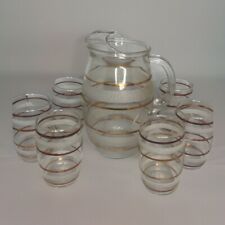MCM Glass Pitcher With 6 Glasses Gold Clear White Vintage Never Used picture