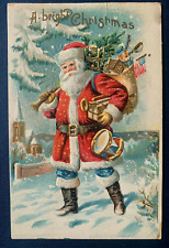 Patriotic~ SANTA CLAUS~with USA Flag~ Toys~ Tree~Vintage Christmas Postcard-k344 picture
