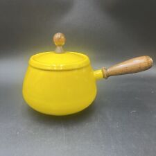 Vintage Mid Century Modern Enamel Saucepan Fondue Pot Wood Handle Atomic Yellow picture
