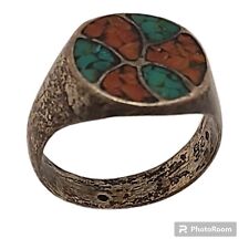 STRIKING VINTAGE NAVAJO TURQUOISE CORAL STERLING SILVER INLAY RINGsz11 picture