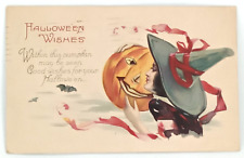 Halloween Post Card Series 1238-A Witch With Red Ribbon & Jack O Lantern picture