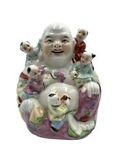 Vintage Chinese Porcelain Laughing Buddha Climbing Children 7
