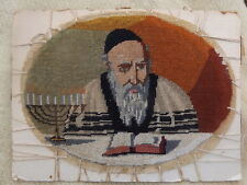 Judaica READING RABBI. HANUKKAH MENORAH Lights Antique Art micro embroidery picture