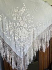 large handmade Antique ivory Silk Embroidered Piano Scarf table cloth w/ fringe picture