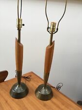 Pair of Mid-Century Atomic Space Age Walnut Brass Eames Era , MCM Table Lamps picture