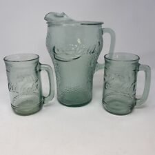 Vintage Coca Cola Pebble Glass Green Tint 64oz Pitcher & 2 Handled 16 oz Mugs picture