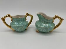 Vintage Aqua Blue Luster Iridescent Gilded Porcelain Seashell Sugar Creamer Set picture