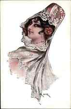 Beautiful Woman Unusual Silk Hat Spanish Artist R. MIR c1910 Postcard picture