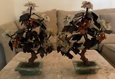 VTG Pair of CHINESE, JADE & HARDSTONE CHERRY BLOSSOM TREE Bonsai Potted 13