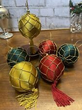 6 Vintage Christmas Ornaments Velvet satin Green Red Yellow 3” picture