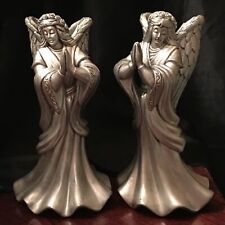 2 Angel Pewter Candle Sticks Ornate Christmas Holiday Decorations Vtg 7” picture