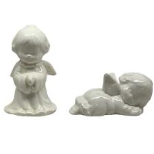Ceramic Angel Figurines Statues White Small Cherubs Sleeping Praying Vintage  picture