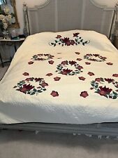 Amish Quilt DovEs Flowers Tulips 1992 Hand Stitched Wedding Vtg Bedspread 90x106 picture