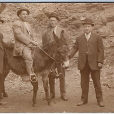 c1910s Hot Springs, AK Man Rides Donkey RPPC Gentlemen Bowler Photo Eureka A156 picture