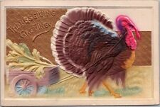 c1910s Embossed THANKSGIVING Postcard Air-Brushed Turkey Pulling Produce Cart picture