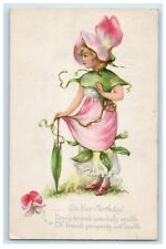 1915 Birthday Pretty Girl Umbrella Leaves Flowers Dulk Posted Antique Postcard picture