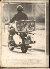 LG54 1972 Oversize Wire Photo FAN-DRIVEN CYCLIST? BOX FAN ON BACK OF MOTORCYCLE picture