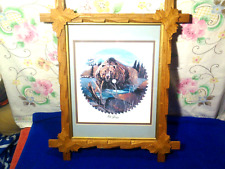 Vintage Ole Grizz Bear Saw Blade Rustic Picture with Folk Art Frame carved Leaf picture