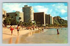 Waikiki Beach, HI-Hawaii, Diamond Head, Beach Antique, Vintage Souvenir Postcard picture