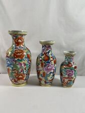 Lot of 3 VTG Chinese Porcelain Floral Medium Vase Hand Painted w/Gold Trim READ picture