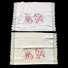 2 Vintage Greek Hand Made Embroidered Monogram MD Pillow Cases Crochet Edging picture