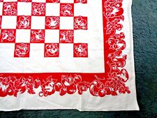 Vintage 1940s Printed Red & White Tablecloth - 100% Cotton, Fruit  45 x 45