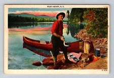 Port Henry NY-New York, Man Fishing along River, c1953 Vintage Souvenir Postcard picture