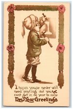 Wall Artist Signed Postcard New Year Greetings Boy With Hammer Flowers c1910's picture