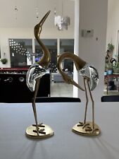 Beautiful Vintage Lacquered Brass Glass Crane Heron Stork Sculptures Bird Statue picture
